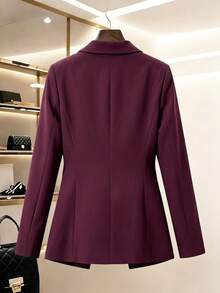 Women's Autumn Commute Daily Solid Color Double-Breasted Design Waist-Cinching Double-Row Button Long Sleeve Blazer - Burgundy - View 3