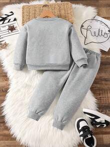 Baby Boy Letter Print Warm Crew Neck Long Sleeve Top And Pants Set - Grey - View 2
