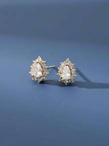 1 par de pendientes de botón de plata de ley S925 minimalistas, elegantes y versátiles, con forma de pequeña lágrima, para mujer - gotas de agua - Ver 6