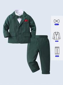BOARNSEORL 2pcs Baby Boys Gentleman Suit Set, Blazer With Bowknot And Pants, Suitable For Daily Outings, Christmas Party, 1st Birthday, Wedding, Formal Events - Green - View 7