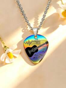 Men's Colorful Gradient Guitar Pick Stainless Steel Necklace, Printed Guitar Sheet Music Note Pattern, Waterproof Fade-Resistant Stainless Steel Material, Paired With Minimalist Square Box Chain, Niche Accessory For Music Lovers, Unisex, Suitable For Hoodie T-Shirt, Music Festival Daily Outfit, Perfect Birthday Gift For Music Fans, Personalized Atmosphere Jewelry - Music - View 3