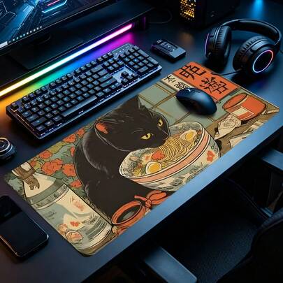 Ukiyo-E Black Cat Large Gaming Mouse Pad, Japanese Ramen Art Design Extended XXL Desk Mat With Stitched Edge & Non-Slip Rubber Base, Suitable For Gaming Rooms, Home Offices & Bedroom Desks, Perfect For Gamers And Oriental Art Fans