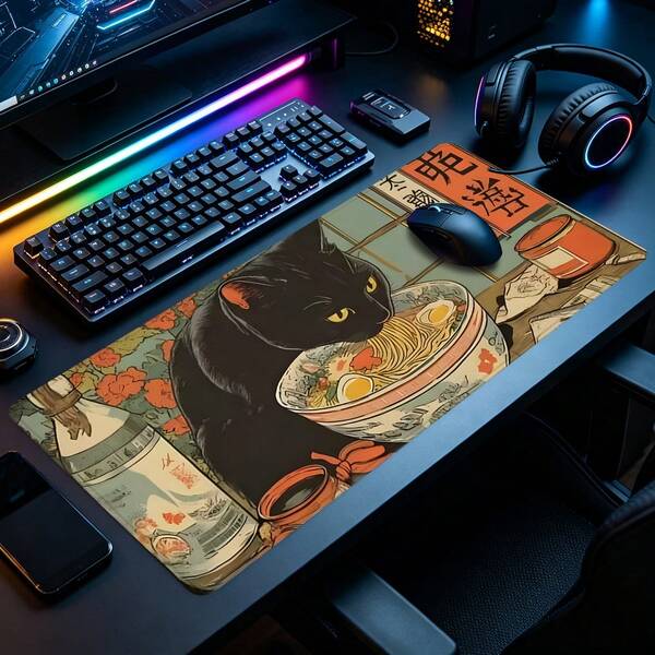 Velká herní podložka pod myš Ukiyo-E Black Cat, XXL rozšířená podložka na stůl s japonským ramen designem, šitou hranou a protiskluzovou gumovou základnou, vhodná do herních pokojů, domácích kanceláří a na stoly v ložnicích, ideální pro hráče a fanoušky orientálního umění
