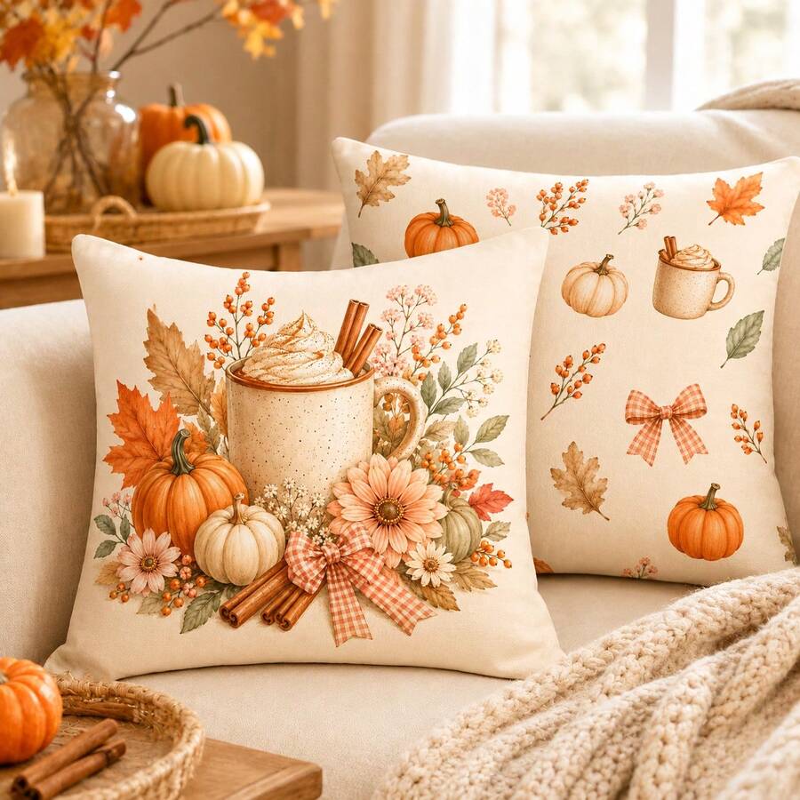 2pcs Cozy Fall Drink & Pumpkin Pillow Covers, Gingham Bow Autumn Cushion Covers For Sofa Bedroom(Pillow Inserts Not Included) - Multicolor - View 1