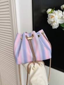 Mini New Fashion Straw Woven Gold Chain Drawstring Bucket Bag Beach Bag - Purple - View 5