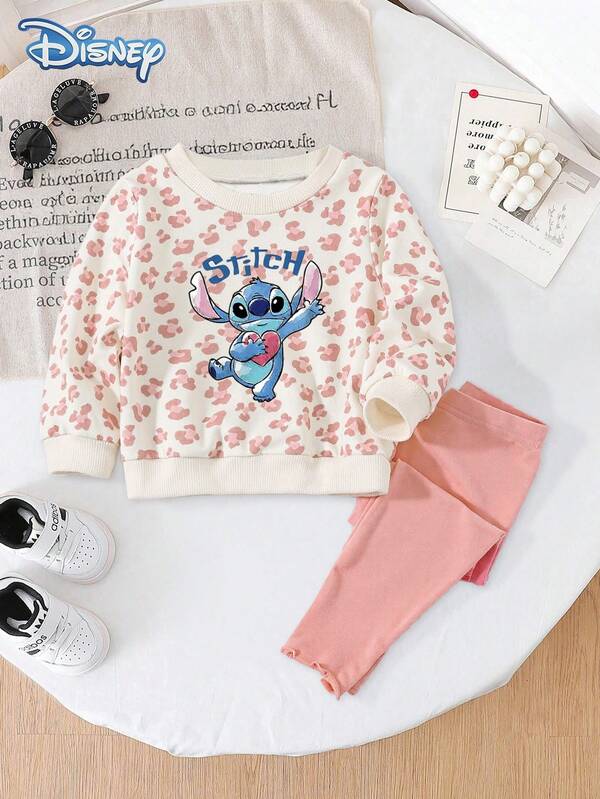 Disney Stitch 2Pcs Autumn/Winter Baby Girl Long Pants Set, Cartoon Cute "Stitch" Heart Print Casual Sweatshirt, Elastic Waist Solid Color Straight Leg Pants, Children's Daily Outing Playwear, Skin-Friendly Soft Baby Girl Clothing, Fashionable Playful Cute Vibrant Elegant Outfit, Holiday Gift