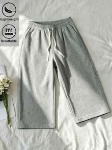 Women's Loose Mid-Length Sports Shorts, Casual Wide Leg Drawstring Bermuda Lounge Pants Summer - Light Grey - View 4