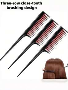 3 pezzi/2 pezzi/1 pezzo Pettine piatto a 3 strati con coda appuntita e design a 3 file di denti densi, pettine resistente al calore per acconciatura di capelli spessi e sottili, crea una struttura di capelli voluminosa e piena, pettine per colpi di luce, pettine con coda appuntita, pettine per acconciature di capelli lunghi, pettine per tintura dei capelli - Multicolore - Visualizzare 1
