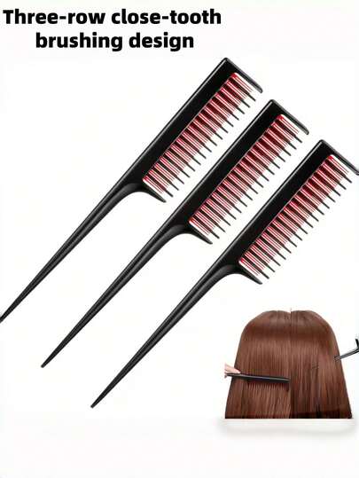 3pcs/2pcs/1pc 3-Layer Pointed Tail Flat Comb With 3-Row Dense Teeth Design, Heat-Resistant Hair Comb For Thick And Thin Hair Styling, Creating Voluminous And Full Hair Structure, Highlights Comb, Pointed Tail Comb, Long Hair Updo Comb, Hair Dyeing Comb