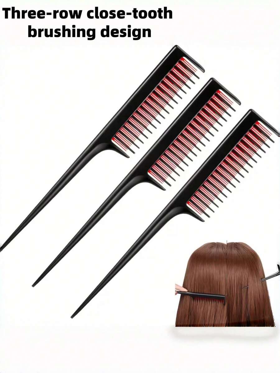 3 pezzi/2 pezzi/1 pezzo Pettine piatto a 3 strati con coda appuntita e design a 3 file di denti densi, pettine resistente al calore per acconciatura di capelli spessi e sottili, crea una struttura di capelli voluminosa e piena, pettine per colpi di luce, pettine con coda appuntita, pettine per acconciature di capelli lunghi, pettine per tintura dei capelli - Multicolore - Visualizzare 1