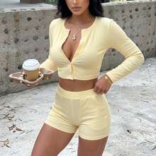 Ribbed Knit 2 Piece Set, Long Sleeve Button Crop Top & High Waist Shorts Loungewear For Casual & Everyday Wear - Yellow - View 1