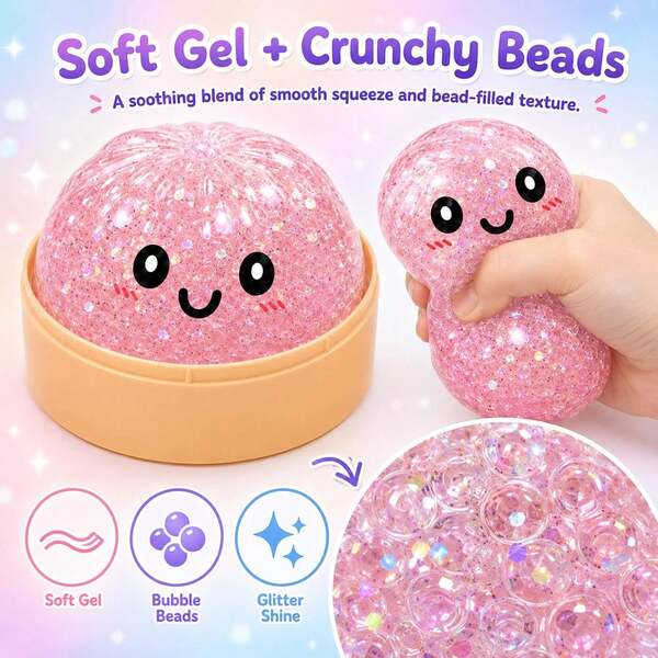 1pc (Random Color) Mini Glitter Face Squishy Stress Balls, Mini Glitter Cartoon Face Squeeze Balls, Multi-Color Transparent Sequin Soft Rubber Oil-Filled Stress Relief Balls, Party Favors, Pocket Portable Stretch Toys