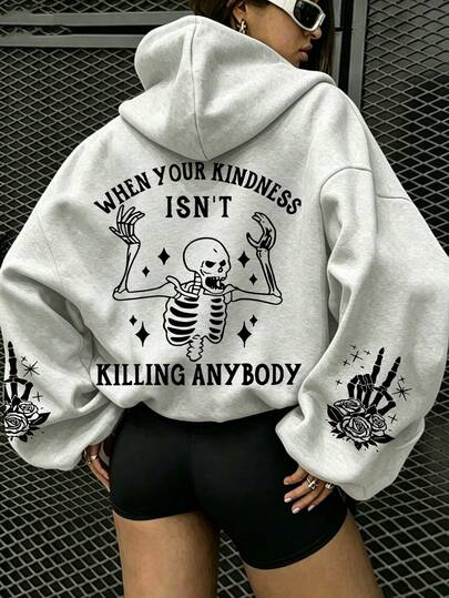 Women's Casual Skull Print Thin Sweatshirt, Suitable For Daily Wear, Outings, Parties, Campus, Music Festivals, Vacations, Commuting. Can Be Given As A Gift To Family, Boyfriend, Girlfriend, Friends, Essential Winter Sweatshirt For Girls