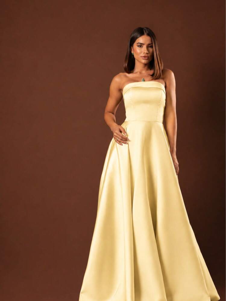 Straight Neckline Party Dress | Back Tie (Corset) | Bridesmaid Dress - 黃色 - 查看 1