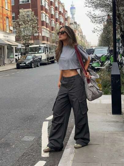 Women's Cargo Pants Fall Casual Streetwear Wide Leg Loose Fit Fabric Solid Gray American Utility Style Zipper Pockets Commuter Everyday Wear