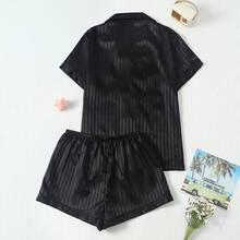 2pcs Satin Striped Print Lapel Short Sleeve Top And Bow Shorts Set, Women's Spring/Summer Pajamas Loungewear For Home Use - Black - View 2