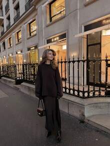 Dark Brown Round Neck Oversized Loose Drop Shoulder Design Flattering Slimming Soft Warm Knit Sweater For Autumn/Winter - Coffee Brown - View 8