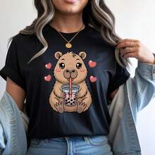 Camiseta Feminina T-shirt Algodão Básica Gola Redonda Love Capivara Diversas Cores Envio Imediato - Preto - Visão 1