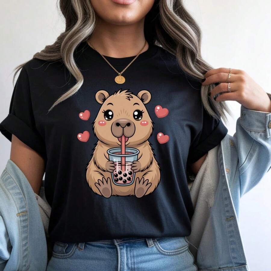 Camiseta Feminina T-shirt Algodão Básica Gola Redonda Love Capivara Diversas Cores Envio Imediato - Preto - Visão 1