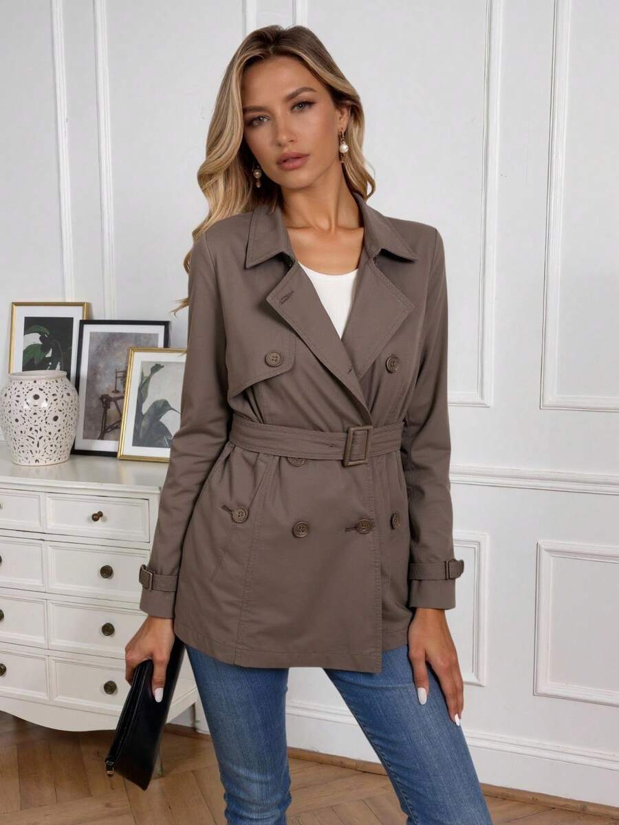 Gabardina Clásica Mujer Modelo DONA Algodón Elegante con Cinturón Ajustable – Estilo Moderno, Casual, De Diario. - Marrón - Ver 1