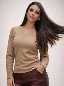 Women's Ribbed Knit V-Neck Long Sleeve Plush Blouse Casual Elegant Chic Comfortable Warm Autumn Winter 2026 Fashion  Bordeaux - 米色 2 - 查看 2