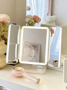 1pc 3-Fold LED Makeup Mirror With Light, Touch Dimming 3 Color Modes, 2X Magnification, 180° Rotatable Foldable Desktop Mirror With Storage Tray, Portable Travel Beauty Gift, Suitable For Women Bedroom Dorm - LED Tri-fold Cushion Makeup Mirror - View 6
