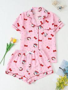 授權 2 件組 春夏女款 Sanrio Hello Kitty 印花翻領短袖鈕扣口袋上衣與蝴蝶結短褲睡衣套裝居家休閒服 - 粉色 - 查看 1