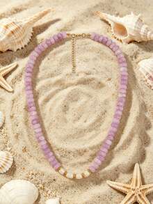 1 pieza Collar de cuentas de piedra natural geométrica redonda plana estilo bohemio europeo & americano con perla de agua dulce, accesorios de acero inoxidable, para mujeres, verano playa vacaciones - Collar de perlas y cuentas hecho a mano - Ver 10