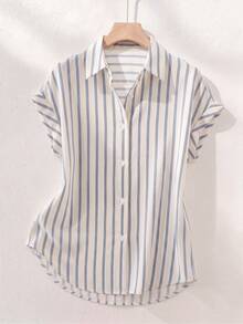 Summer Fashion Striped Single-Breasted Dropped Shoulder Short Sleeve Shirt, Polyester Contrast Color Front Button Placket, Short Front Long Back, Summer - Blue - View 2