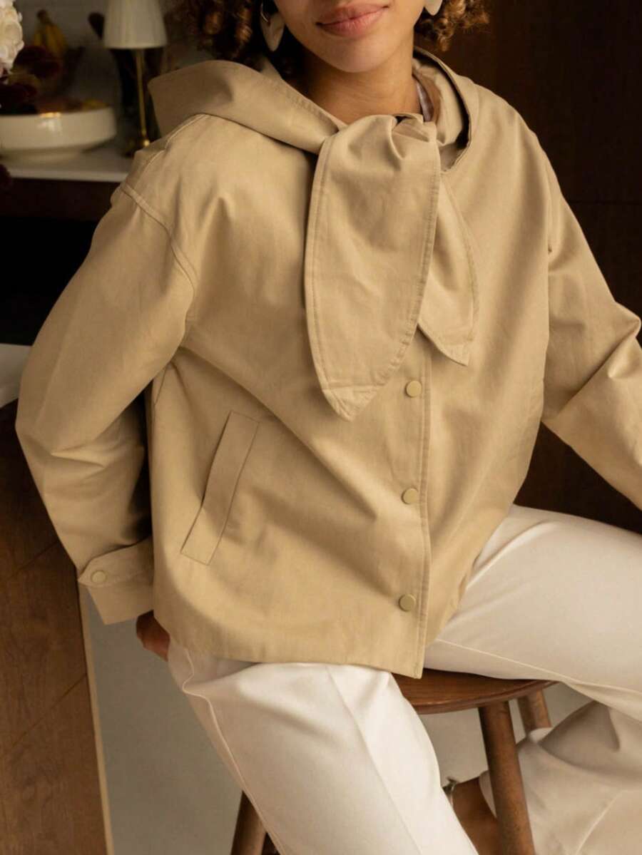Beige Casual Hooded Jacket With Bow Decor On Chest, Versatile Loose Fit, Suitable For Daily And Weekend Wear - Light Khaki - View 1
