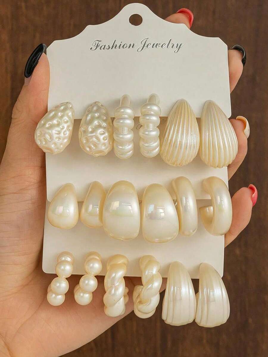 6-18pcs Fashion Colorful Elegant Faux Pearl Earrings Set For Women, With Faux Honeycomb, Multi-Style Water Drop, C-Shape, Suitable For Daily, Holiday, Party Wear, Gift For Mom, Girlfriend - White - View 1
