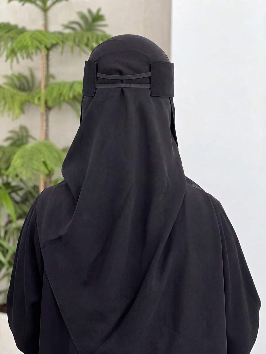1件女款純色雪紡柔軟中東面紗,阿拉伯保守風彈力帶素色面罩,適合日常使用 - 黑色 - 查看 1