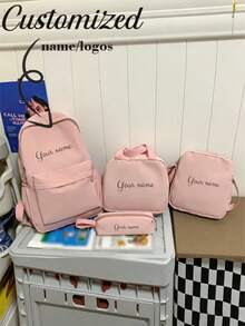 3pcs/4pcs Set, Backpack, Shoulder Bag, Crossbody Bag, Tote Bag, Clutch, Pencil Case, Nylon Material, Large Capacity, Solid Color, Contrast Color, Fashion Casual, Versatile Minimalist, Suitable For School, Work, Travel, Back To School, Graduation, Travel Essentials, Large Capacity, Unisex, Customizable Name, New Year Charm, Commuter Backpack, Anti-Theft - Pink - View 2
