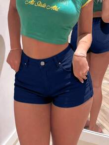 Women's Navy Blue Sexy Shorts Slim Fit Slant Pockets Buttons Front Mini Short For Daily Casual Summer Clothes Rave Music Festival Going Out Outfits - Navy Blue - View 2
