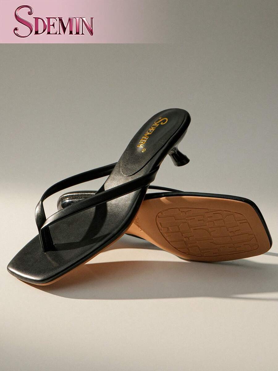 SDEMIN Women's Square Toe Low Heel Flip Flops, Fashionable Sexy Minimalist Style, Lightweight Open Toe Stiletto High Heel Sandals, Suitable For Spring/Summer, Spring Break, Easter, Party, Date Night, Beach, Daily Wear, Comfortable Dress Shoes For Women - Black - View 1