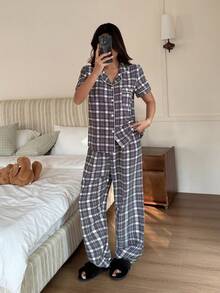 Dreamivo Women's Black & White Plaid Contrast Color White Trim Notch Neck Short Sleeve Straight Leg Pants 2-Piece Pajama Set - Multicolor - View 2