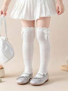 3 Pairs Girls Bowknot Decorated Knee-High Socks, Suitable For Primary And Middle School Students School Uniform Matching - White - View 8