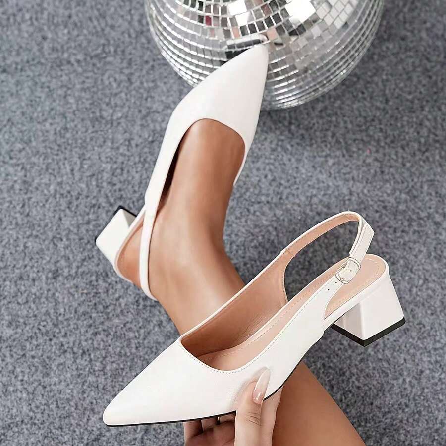 Elegant Solid Color Women's Shoes, Ankle Strap, Low Lightweight High Heel Sandals, Pointed Toe Category: Women's High Heel Sandals - White - View 1
