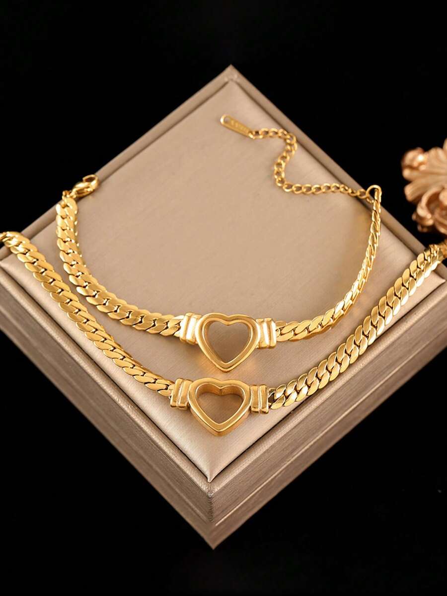 RAYQUEEN 1 Set Fashion Hip-Hop Style Hollow Heart Decor Stainless Steel Jewelry Set (Includes 1 Necklace, 1 Bracelet) Suitable For Women To Wear At Parties Or As A Holiday Gift For Mom - Yellow Gold - View 1
