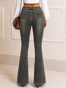 Women's Casual Elegant Flare Long Denim Jeans With Zipper Detail And Medium Stretch, Creating A Fashionable Grunge Look - Dark Grey - View 2