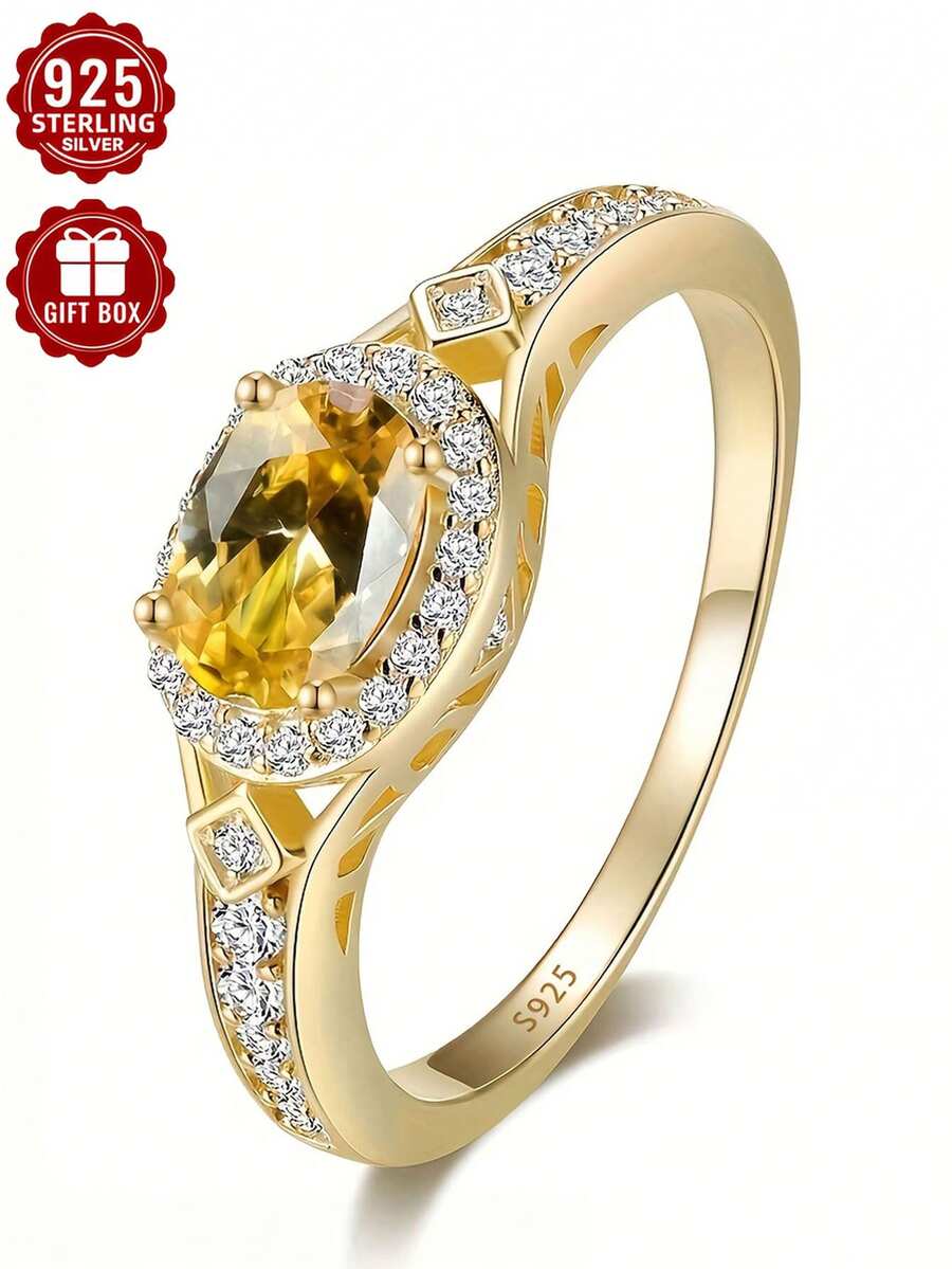 1 Stück Gelber Kubischer Zirkonia 925er Sterlingsilber Vergoldeter Ring, Größe 6-10, Geeignet für den täglichen Gebrauch von Frauen, Mit Geschenkbox - Gold - Übersicht 1
