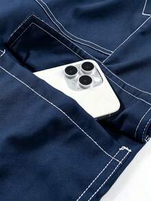 Men's Summer Thin Contrast Stitching Cargo Pants, High Drape Loose Fit, Elastic Drawstring Waist, High Street Style Long Pants Sports - Royal Blue - View 6