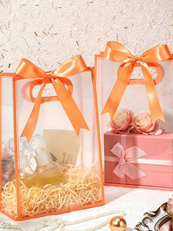 8/4/1pc Transparent Gift Bag Set With Handles, PP Material With Ribbon, Suitable For Christmas, Wedding, Bridal Shower, Birthday, Baby Shower, Small Business, Size: 7.1"X10.2"X3.2"
