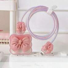 Cute Pink Bowknot Decorated Data Cable Protector, Compatible With Apple 18/20W Charger Protective Case, Data Cable Protector Bite Device - Pink - View 7
