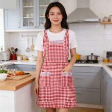 Cute Lace Trim Plaid Apron #Dual-Tone Plaid Apron #Cute Style Apron #Kitchen Apron #Women's Apron #Hand-Wiping Apron #Adjustable Apron #Apron With Large 3D Pockets - One Size Fits All - View 1