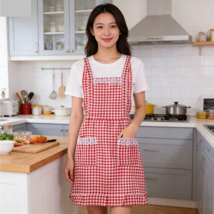 Cute Lace Trim Plaid Apron #Dual-Tone Plaid Apron #Cute Style Apron #Kitchen Apron #Women's Apron #Hand-Wiping Apron #Adjustable Apron #Apron With Large 3D Pockets - One Size Fits All - View 1