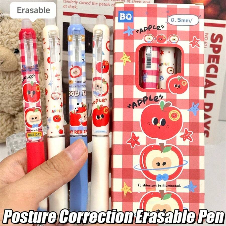 Set Pulpen Gel yang Dapat Dihapus Motif Apel Merah (4 buah/kotak), Ujung 0,5 mm, Estetika Tinggi, Ringkas dan Portabel, Klik Samping dengan Penghapus Terintegrasi, Menulis Halus, Perlengkapan Kantor dan Sekolah, Hadiah Liburan, Meningkatkan Minat Belajar