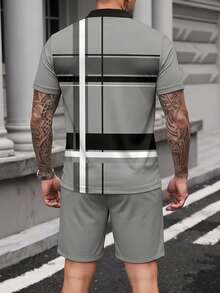 Men's Business/Casual Striped Short Sleeve Polo Shirt And Shorts Set - Light Grey - View 6
