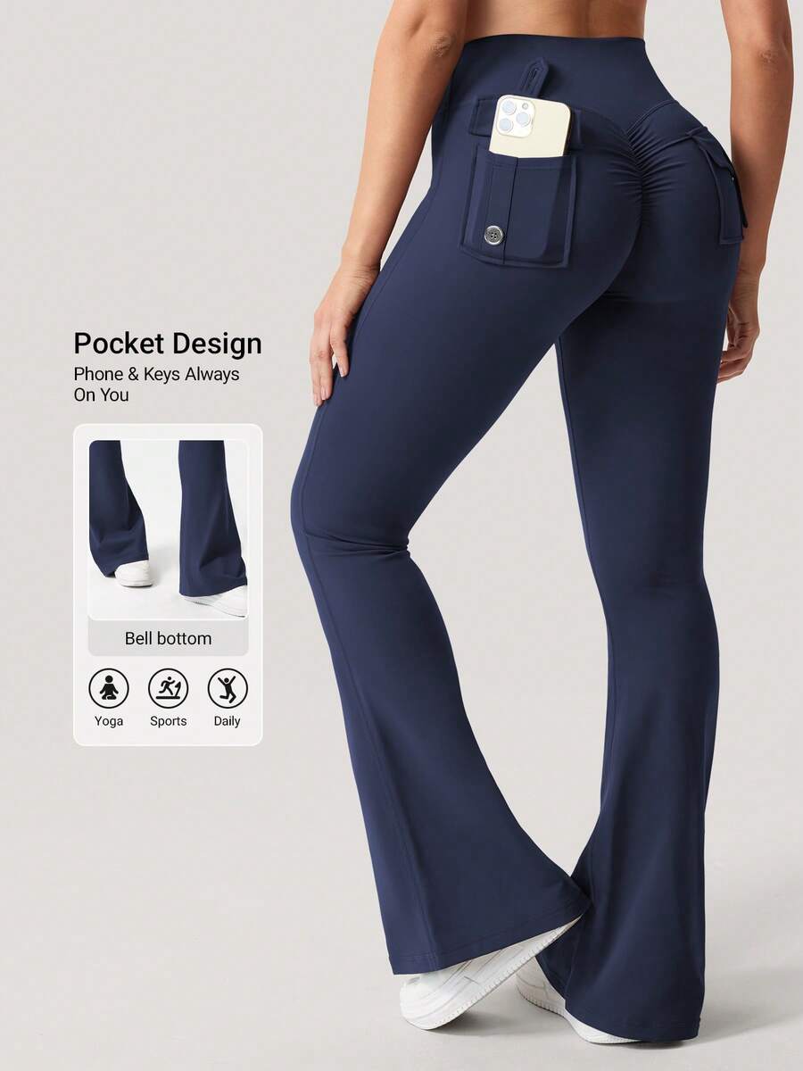 YEOREO Flare Leggings With Pockets For Women Butt Lifting Gym Yoga Leggings Winter Leggings 31.5"Black Leggings No Front Seam Flare Leggings - 海軍藍 - 查看 1
