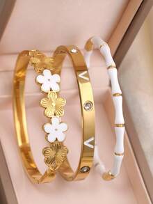 3件/1件裝 女款奢華粉色琺瑯 H 字手鍊，18K 金色不鏽鋼可疊戴水晶手鐲，時尚簡約珠寶，適合派對與日常配戴 - 金黃色 - 查看 12
